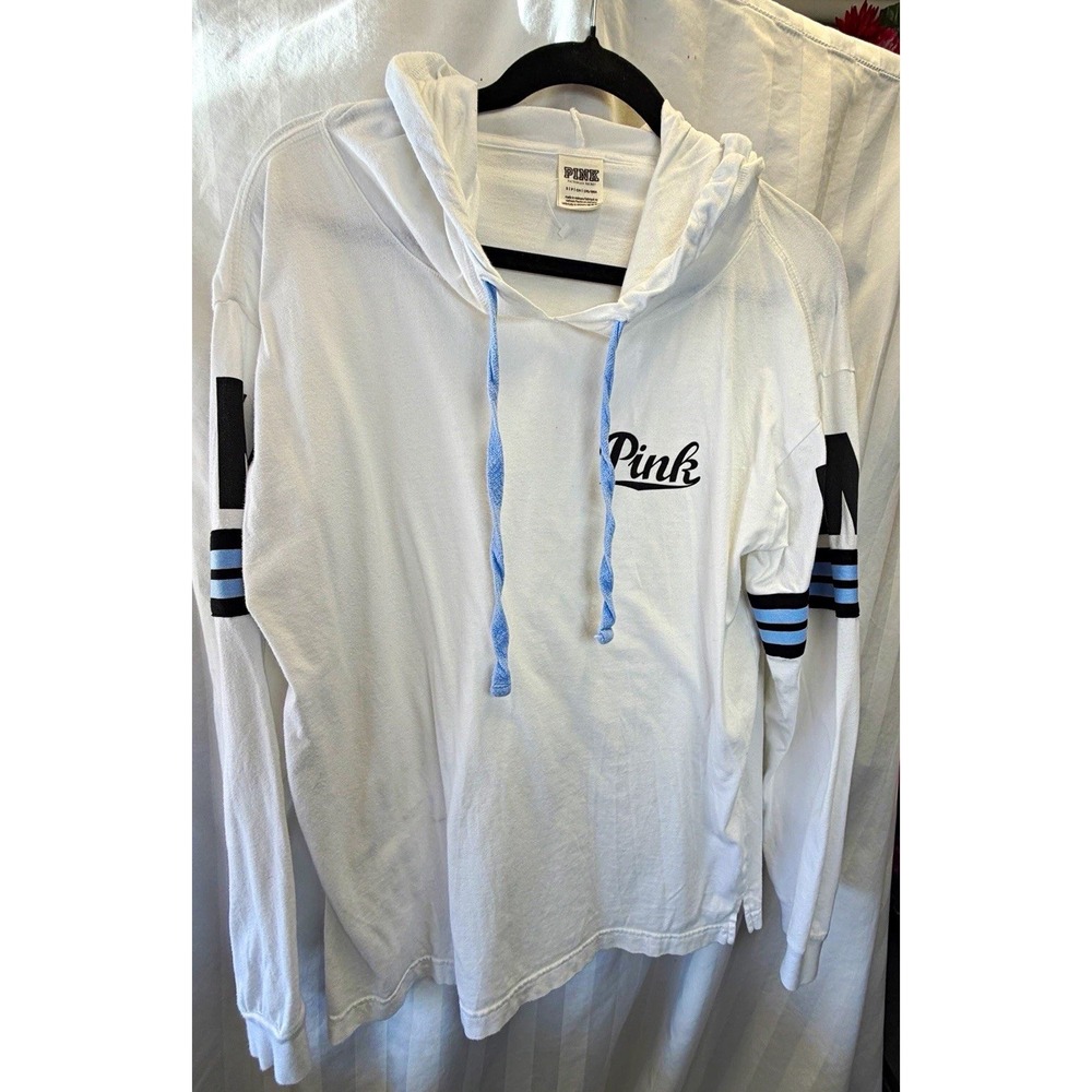 Victoria's Secret PINK White Logo Pullover Hoodie Striped Sleeves S